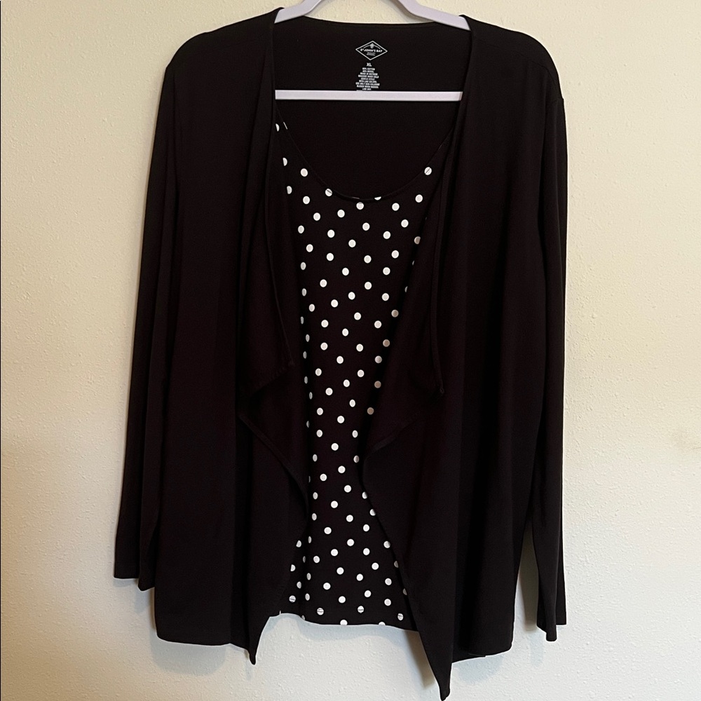 St. John's Bay Black Open Front Cardigan with Polka Dot Layer